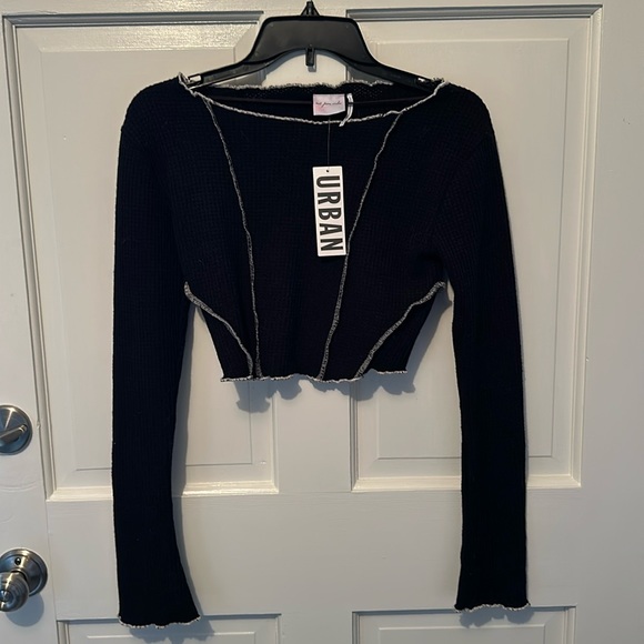NWT Urban Outfitters Black Motif waffle cropped shirt - Picture 1 of 8